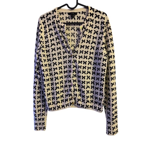 J Crew Jackie Bow Print 100% Merino Cardigan w/ Gold Buttons Medium - Picture 1 of 16